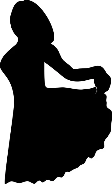 Black silhouette of a young girl in full growth, which pulls my hand on the edge of the dress, on a white background in vector format — Διανυσματικό Αρχείο