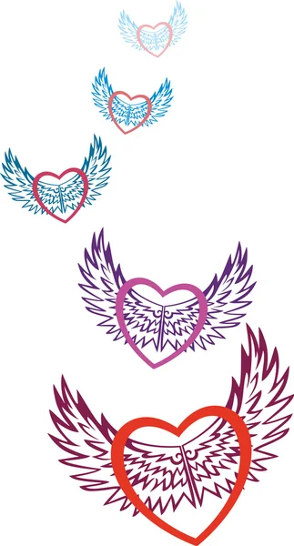 Valentine. Mångfärgade hearts symboliserar kärlek, flyga på mönstrade vingar av kärlek dagen i Saint Valentine. Kort för alla hjärtans dag i vektorn — Stock vektor
