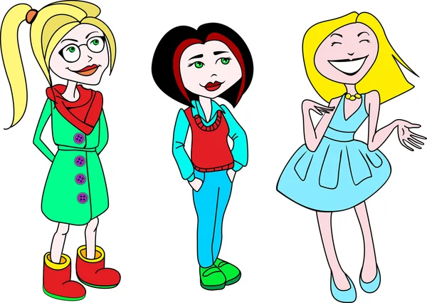 Pintó tres mujeres de diferentes generaciones. Chica gótica adolescente. Mujer de negocios adulta. Una joven bailarina y fiestera, en color y vector. Diferentes personajes de las chicas — Vector de stock