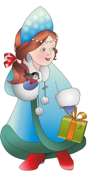 The snow maiden. With gift and bird. Young Santa Claus's helper. New year — Stock Vector