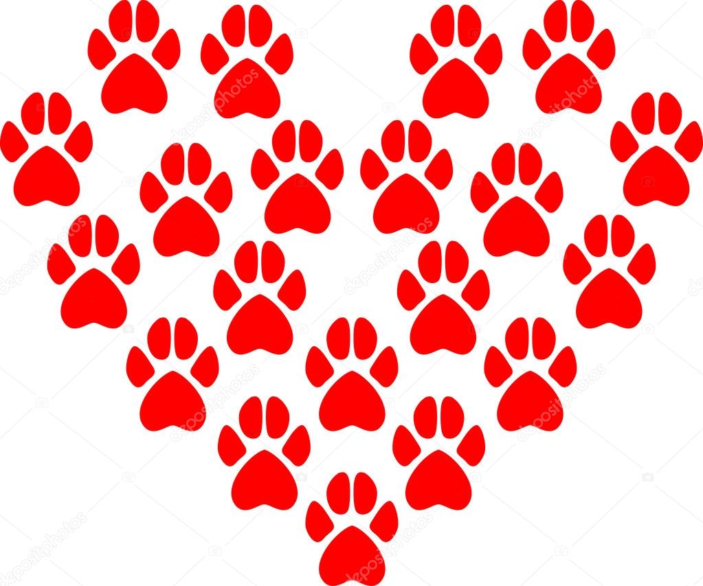 Vector illustration of animal paw prints that form the heart of 