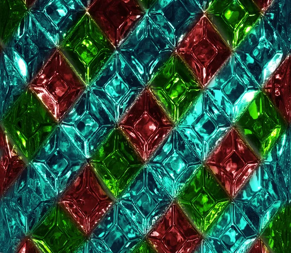 Textura de vidro vermelho, verde e turquesa com um padrão de losango. Forma de diamante de vidro transparente. Cristais. Fechar. — Fotografia de Stock