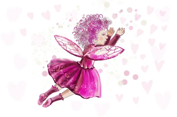 Pequeña hada fantástica sobre un fondo de corazones, en un vestido rosa crea la magia para el Día de San Valentín. Fabuloso ángel . — Foto de Stock