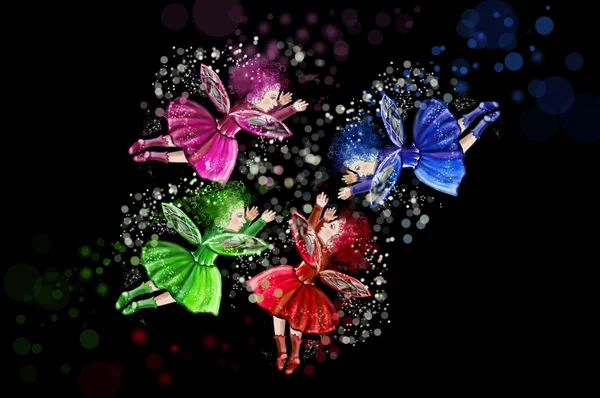 Four Christmas fairies positioned in a circle on a black background. Red, green, blue and purple fairy. Fairy tale characters — Stock Photo, Image