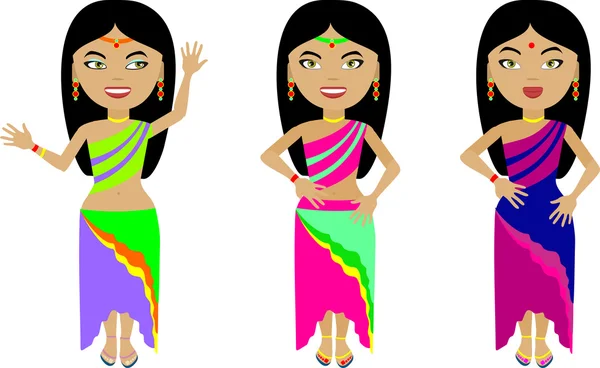 Um conjunto de três meninas indianas em roupas coloridas. Com diferente — Vetor de Stock