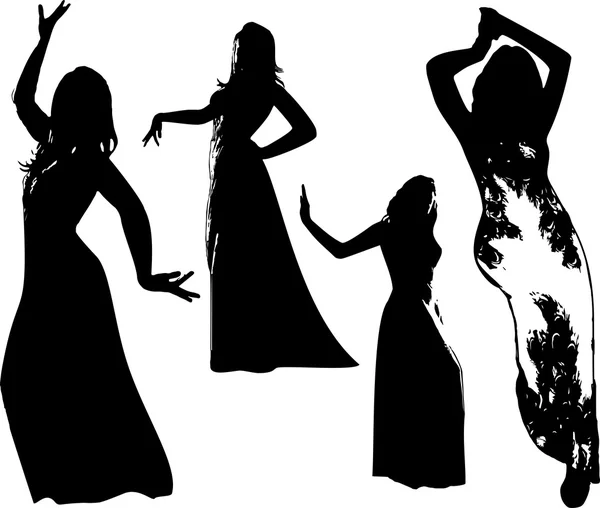 Conjunto vetorial de silhuetas pretas de meninas em vestido, em dança, em movimento. Mulheres em poses elegantes em fundo branco em formato vetorial — Vetor de Stock