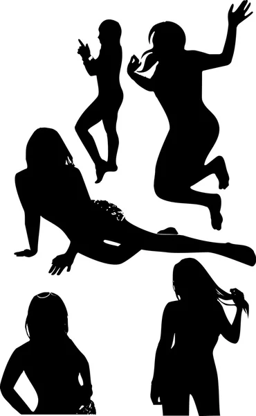 Conjunto vectorial de siluetas negras de chicas en posiciones inusuales del movimiento. Mujeres en poses elegantes sobre fondo blanco en formato vectorial . — Vector de stock