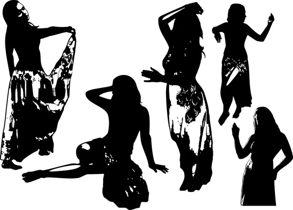 Conjunto vetorial de silhuetas pretas de meninas em vestido. Mulheres em poses elegantes em fundo branco em formato vetorial — Vetor de Stock