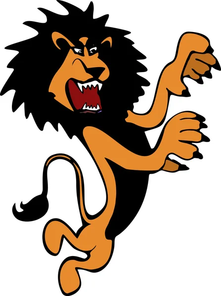 Duro y enojado león marrón dibujado a mano en altura completa de pie sobre sus patas traseras en el vector — Vector de stock