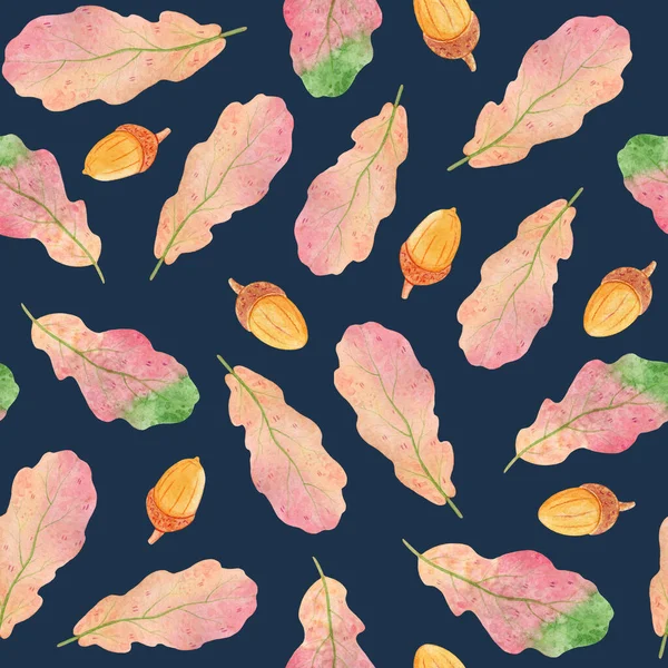 Een Naadloos Patroon Voor Huistextiel Verpakking Schattige Roze Bladeren Eikels — Stockfoto