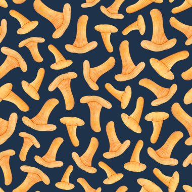 Tekstil ve ambalaj için kusursuz bir desen. Mavi arka planda şirin turuncu mantarlar. Suluboya tekniği, sonbahar deseni, el tekniği..