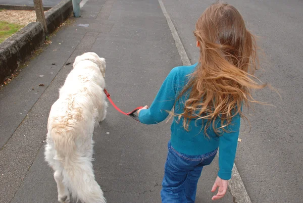 küçük kız onu köpek yavrusu köpek yürüyüş
