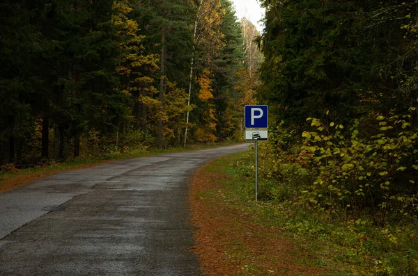 Φθινόπωρο Στο Δασικό Άσφαλτο Δρόμο Μια Πινακίδα Στάθμευσης Αυτοκίνητο — Φωτογραφία Αρχείου