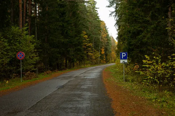 Herbst Wald Asphaltstraße Mit Einem Parkplatz Und Halteverbotsschilder Auto — Stockfoto