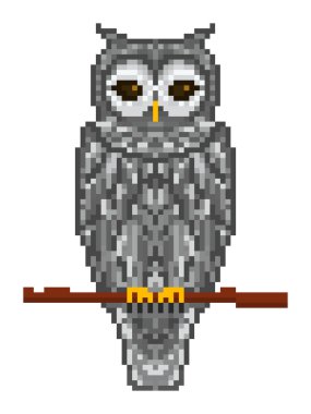 Piksel sanat gri orman orman baykuşu bir dalda oturan