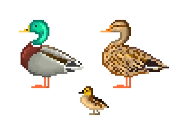 Pixel art pato familia conjunto. Pato, dragón y patito . — Archivo Imágenes Vectoriales