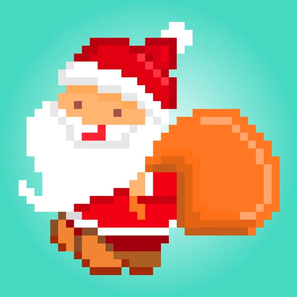 Pixel art, Santa Claus delivering gifts, Christmas card — Stock Vector