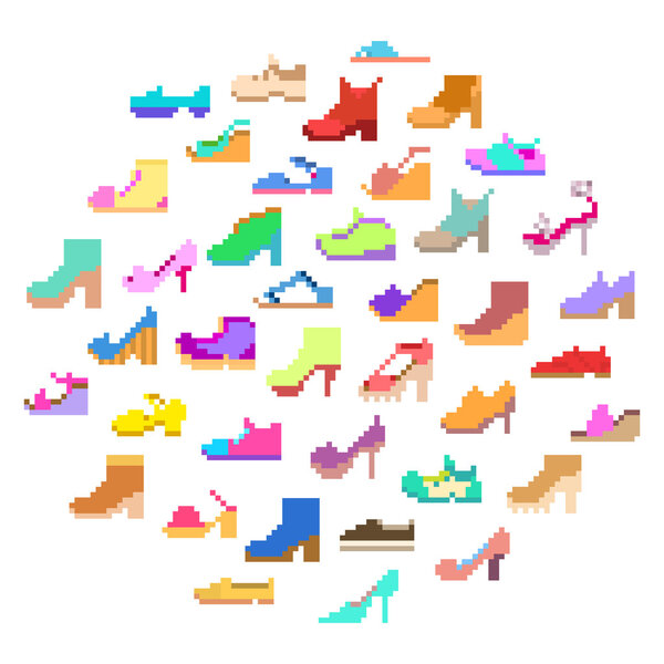 Big pixel art set, 40 different types of woman's shoes