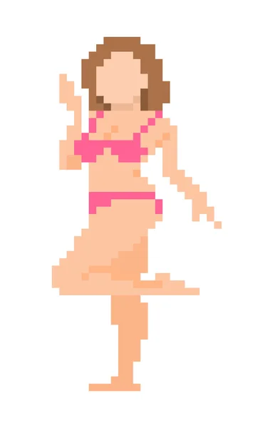 Pixel art donna curvy posa in reggiseno rosa e mutandine — Vettoriale Stock