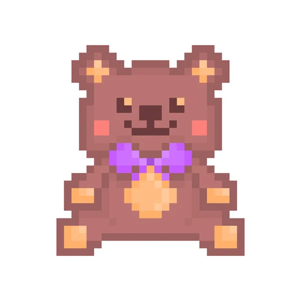 Піксельне мистецтво сидить коричневий іграшковий ведмідь значок — стоковий вектор