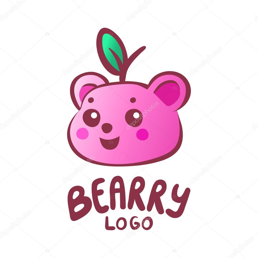 Child orientated small business logo, bear head shaped fruit with a leaf. Pink smiling bear character isolated on white background. Gummy bear with natural fruit and berry juice logotype template.