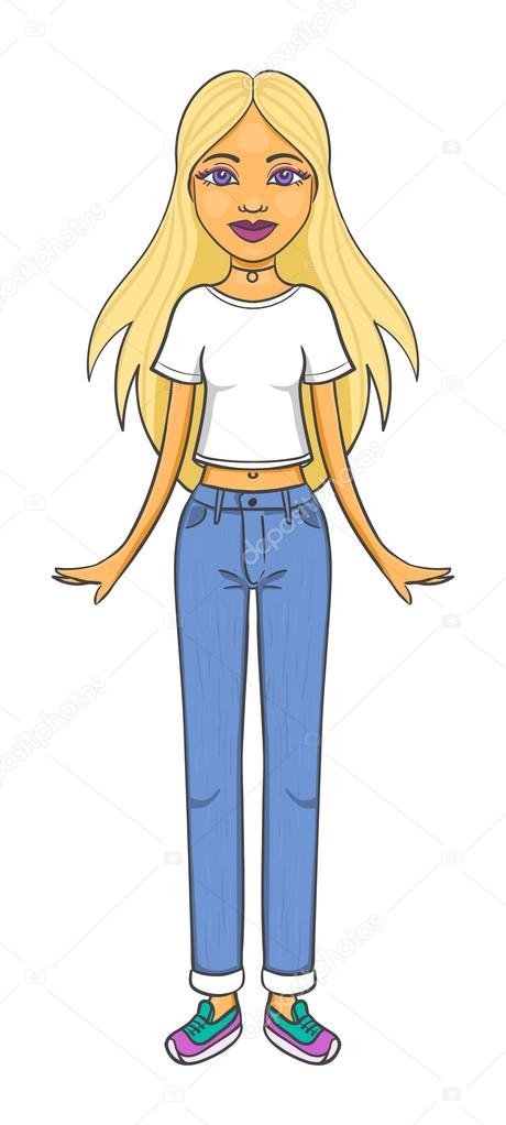 Skinny caucasian girl in white t shirt and blue jeans 