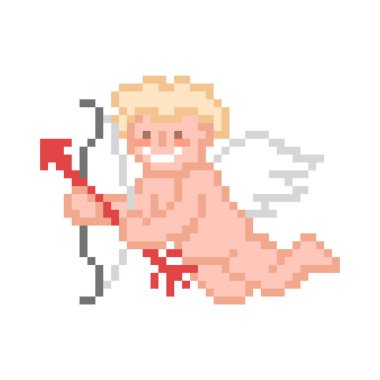 Beyaz arka planda yay ve okla izole edilmiş piksel sanat aşkı. Sevgililer Günü 8 bit karakteri. Melek çocuk. 14 Şubat maskotu. Eski moda antika 80 'ler-90' lar slot makinesi / video oyunu grafikleri.