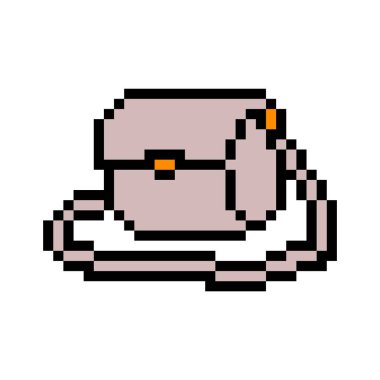 Piksel resim çantası beyaz arkaplanda izole edilmiş. 8 bit gri deri çanta ikonu. Kadın moda aksesuarı. Eski moda antika 80 'ler-90' lar slot makinesi / video oyunu grafikleri.