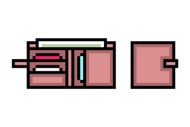 Piksel sanatı açık ve kapalı kahverengi deri cüzdan para ve kart ikonu beyaz arka planda izole. Erkek moda aksesuarı. 8 bit başarı sembolü. Vintage retro slot makinesi / video oyunu grafikleri.