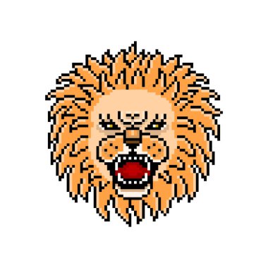 Tehlikeli kızgın kükreyen aslan, pikselli sanat hayvan kafası logosu. Saldırgan vahşi Afrikalı etobur yırtıcı, beyazda 8 bit karakter. Eski moda 80 'ler-90' lar slot makinesi, video oyunu grafikleri.