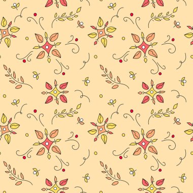 Soyut sanatsal botanik kusursuz desen. Turuncu, sarı, kırmızı hayali çiçekler ve bej arka planda yapraklar. Sıcak çiçek desenli. Dekoratif bitkiler moda kumaşı, tekstil, ambalaj kağıdı.