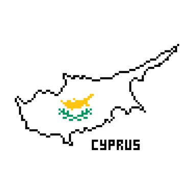 Kıbrıs Rum Kesimi 'nin beyaz arka planda izole edilmiş bayrağıyla kaplı 2d 8 bit piksel sanat haritası. Eski moda eski moda 80 'ler, 90' ların platform bilgisayarı, video oyunu grafikleri. Slot makinesi tasarım elemanı. Ülke coğrafyası.