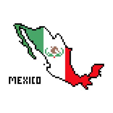 Beyaz arka planda izole edilmiş bayrak ile kaplı 2d 8 bit piksellik bir Meksika haritası. Eski moda eski moda 80 'ler, 90' ların platform bilgisayarı, video oyunu grafikleri. Slot makinesi tasarım elemanı. Ülke coğrafyası.