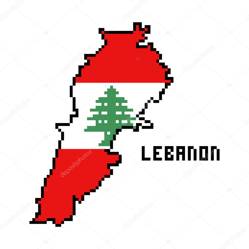 2d 8 bit pixel art Lebanon map covered with flag isolated on white background. Old school vintage retro 80s, 90s platform computer, video game graphics. Slot machine design element. Country geography.