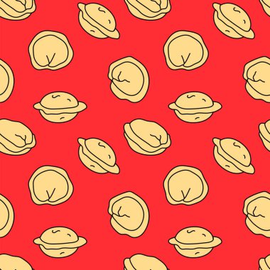  Kırmızı arka planda hamur tatlısı olan kusursuz bir desen. Pelmeni / pierogi duvar kağıdı. Geleneksel Rus mutfağı.