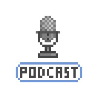 Siyah podcast mikrofon, beyaz arkaplanda 8 bit piksel resim ikonu. Eski moda antika 80 'ler, 90' lar slot makinesi / video oyunu grafikleri.