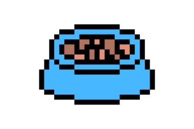 Evcil hayvan mamasıyla mavi kase, beyaz arka planda izole edilmiş pikselli resim simgesi. Kedi-köpek tabağı. Eski moda antika 80 'ler-90' lar video oyunu grafikleri.