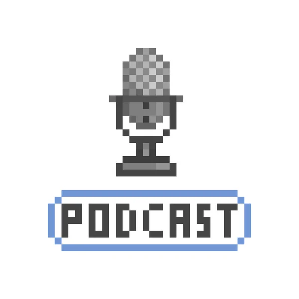 Siyah podcast mikrofon, beyaz arkaplanda 8 bit piksel resim ikonu. Eski moda antika 80 'ler, 90' lar slot makinesi / video oyunu grafikleri.