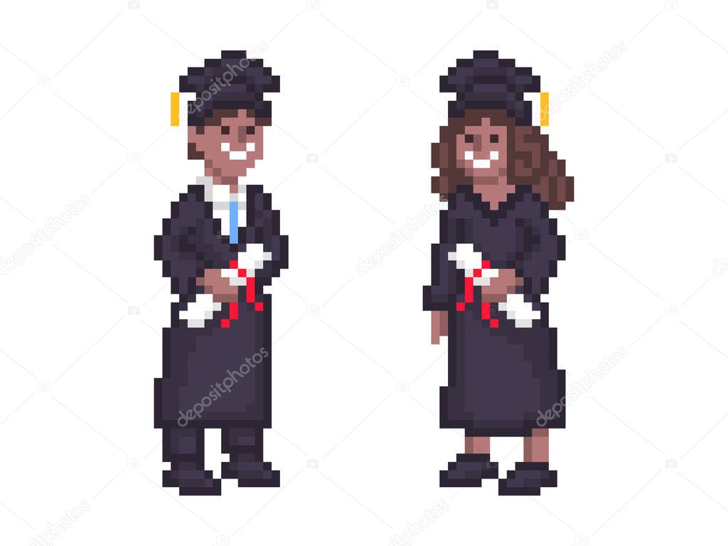 Two happy black students wearing academic dress and square cap and holding diplomas on graduation day, pixel art character set isolated on white background. Old school vintage retro 2d game graphics.