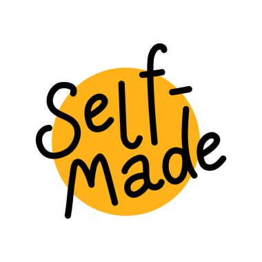 Beyaz arka planda izole edilmiş sarı bir dairede kendi kendini yetiştirmiş karalamalar. El yazısıyla yazılmış ünlü, başarılı kişi sloganı. Messa 'ya ulaşmaktan gurur duyuyorum. Kişisel farkındalık etiketi. Kız güç baskısı.