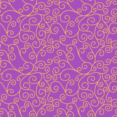 Dişi dekoratif kusursuz desen. Mor arkaplanda soyut ve zarif sarmal girdaplar. Fantezi çiçekli kumaş. Yuvarlak bukleler. Basit grafik, yüzey, kumaş, tekstil tasarımı. 