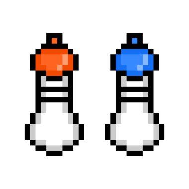 İki tuz, şeker, baharat, biber karıştırıcı, beyaz arkaplanda izole edilmiş pikseller. 8 bit mutfak ekipmanı. Yemek hazırlama aleti. Eski moda antika 80 'ler-90' ların oyun grafikleri.