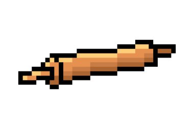 Tahta merdane, beyaz arkaplanda izole edilmiş piksel resim simgesi. 8 bitlik mutfak ekipmanı. Fırın logosu. Hamur için yemek yapma aleti. Yemek hazırlama aleti. Eski moda antika 80 'ler-90' ların oyun grafikleri.