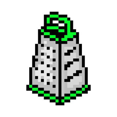 Paslanmaz çelik rendeleyici, beyaz arka planda izole edilmiş piksel resim simgesi. 8 bitlik el yapımı mutfak öğütücüsü, yemek ekipmanları. Yemek hazırlama aleti. Eski moda antika 80 'ler-90' ların oyun grafikleri.