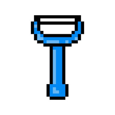 Mavi meyve, sebze soyacağı, beyaz arka planda izole edilmiş pikselli resim ikonu. 8 bitlik mutfak ekipmanı. Yemek hazırlama aleti. Yemek pişirme aleti. Eski moda antika 80 'ler-90' ların oyun grafikleri.