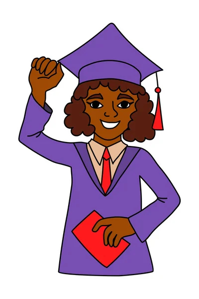 Joyeux Sourire Jeune Fille Noire Diplômée Avec Rised Main Portant Illustration De Stock
