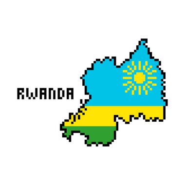 Ruanda Cumhuriyeti, beyaz arkaplanda bayrak bulunan 8 bit piksellik Afrika sanat haritası. Eski moda 80 'ler, 90' lar bilgisayarı, video oyunu grafikleri. Slot makinesi tasarım ögesi.