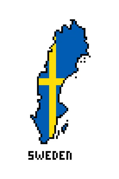 Bit Pixel Kunst Königreich Schweden Karte Mit Flagge Isoliert Auf — Stockvektor