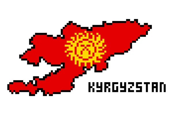 Bit Pixel Art Kirguistán República Kirguisa Mapa Cubierto Con Bandera — Vector de stock