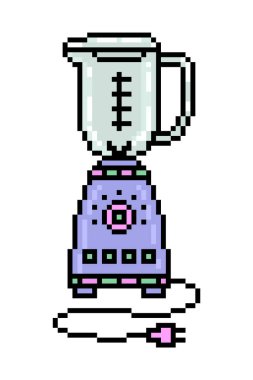 Beyaz arkaplanda 2d 8 bit piksel resim karıştırıcı simgesi izole edildi. Küçük elektrikli ev aletleri sembolü. Eski moda 80 'ler, 90' lar bilgisayarı, video oyunu, slot makinesi grafikleri. Mutfak aletleri logosu